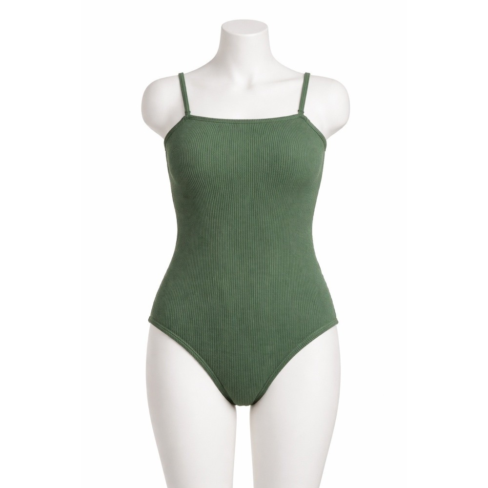 Kona Sol Olive Green Ribbed One Piece Swimsuit -‎ Full Seat Coverage - Size S